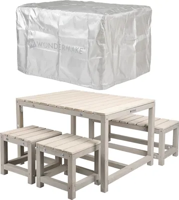 A children's outdoor seating set with a protective cover shown above it.