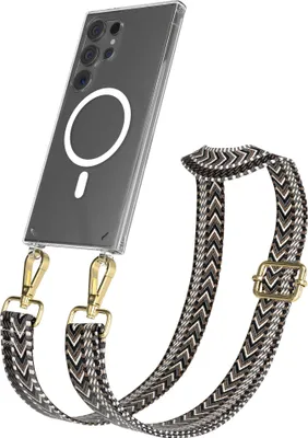 Produktbild von EAZY CASE - Handykette mit MagSafe Hülle für Samsung Galaxy S24 Ultra, Handyband ZigZag Style,Karabiner Gold, Umhängeband in Grau