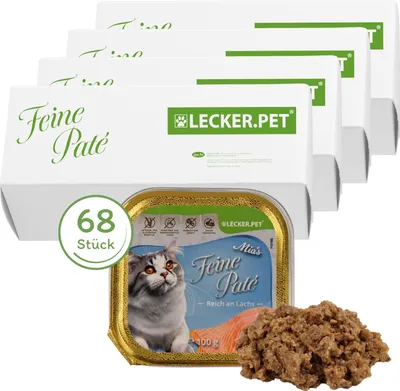 Produktbild von 68 x 100 g Lecker.Pet® Mia's Feine Paté Reich an Lachs Katzenfutter Nassfutter Vollnahrung