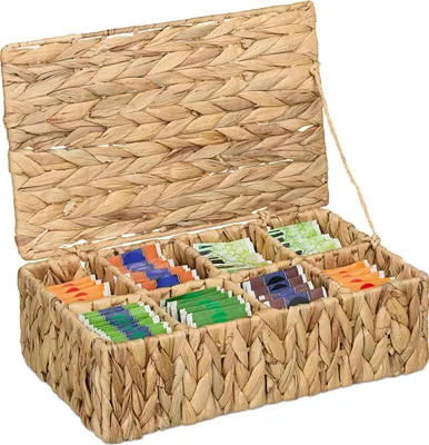 Produktbild von Relaxdays Teebox, 8 Fächer, 110 Teebeutel, geflochtener Tee-Organizer, HxBxT: 10 x 33 x 20,5 cm, Wasserhyazinthe, natur