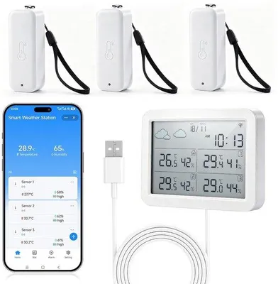 Productafbeelding van Wifi-weerstation met buitensensor, weerstation met 3 buitensensoren, thermometer binnen en buiten, LCD