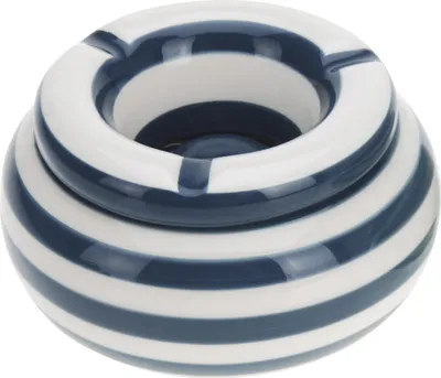 Produktbild von LS-LebenStil XL Sturm-Aschenbecher 14x9cm Maritim Blau Weiß Keramik mit Deckel Wind-Aschenbecher Camping Ashtray Maritim Streifen draußen groß