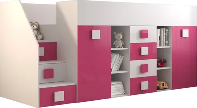 Produktbild von Etagenbett für Kinder Toledo 3 Stockbett mit Treppe, Schreibtisch, Bettkasten (Weiß/Weiß Glanz + Rosa Glanz, Seite: Links)