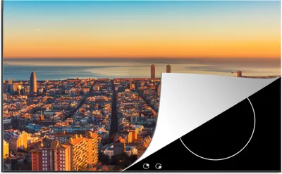 Produktbild von KitchenYeah© Herdabdeckplatte Barcelona - Meer - Sonnenuntergang , 81x52cm, Küche Deko, Glaskeramikkochfeld Herdabdeckung, Abdeckplatte fùr Kochfeld