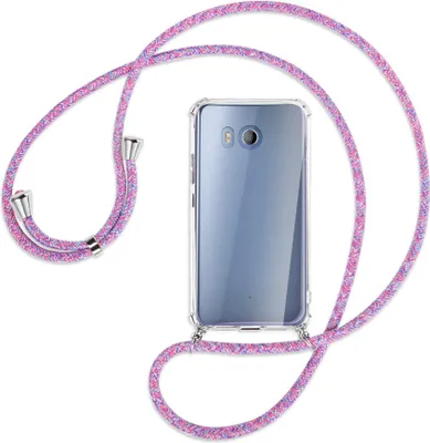 Produktbild von Handykette Backcover-Schutzhülle mit Band (Metall silberfarben) für HTC U11 - lila/rosa/blau