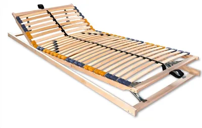 A wooden slatted bed base with adjustable head and foot sections, shown against a white background.