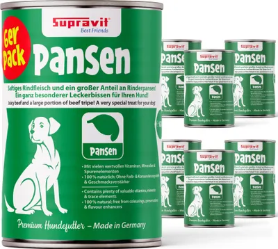 Produktbild von Supravit Hundenassfutter mit Pansen 6 x 820g Dosen | Nassfutter getreidefrei mit hohem Fleischanteil für Hunde