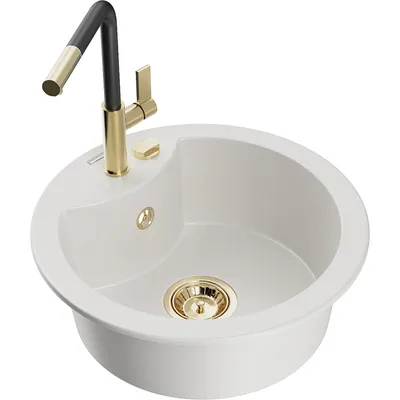 Obrázek produktu pro Mexen Diego 1-miskový granitový dřez s kuchyňskou baterií Flora, Bílá - 6512-20-670401-57-G