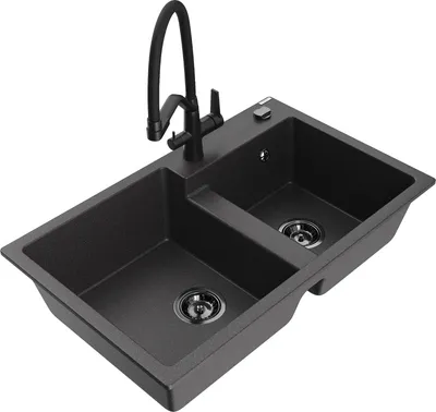 Produktbild von Mexen Tomas 2-Becken-Granitspüle mit Mischbatterie Duo, Schwarz gesprenkelt - 6516-76-671701-70-B