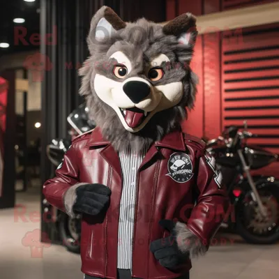 Productafbeelding van Maroon Wolf mascotte REDBROKOLY kostuum karakter gekleed met een motorjack en strikjes