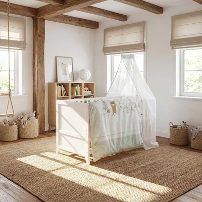 Obrázek produktu pro Dětská postýlka ROBA Woodland Buddies, bílá, rozměry 70 x 140 cm, včetně matrace Safe Asleep a baldachýnu