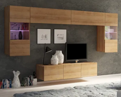 Produktbild von Wohnwand Amanda II Oberschrank Schrankwand mit zwei Vitrinen 150 cm breite TV Schrank Wohnzimmer-Set (Goldene Eiche)