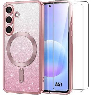 Image de Coque + 2 Verres Trempés pour Samsung Galaxy A57 5G, Silicone avec Cercle Magnétique - Rose