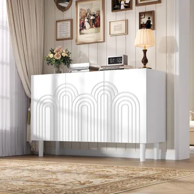Image de OKWISH Buffet Blanc avec 3 Portes, Étagères Réglables, Meuble de Rangement en MDF, Design Moderne - 120x38,5x79 cm