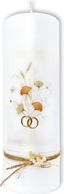 Produktbild von Hochzeitskerze mit Trockenblumen & goldenen Ringen – 25x8 cm im Boho