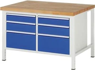 Produktbild von Werkbank mit 6 Schubladen - Teilauszug - 120:2 / 150:2 / 270:2 - 840 x 1.250 x 900 mm (HxBxT) - Traglast 1.250 kg - Buche