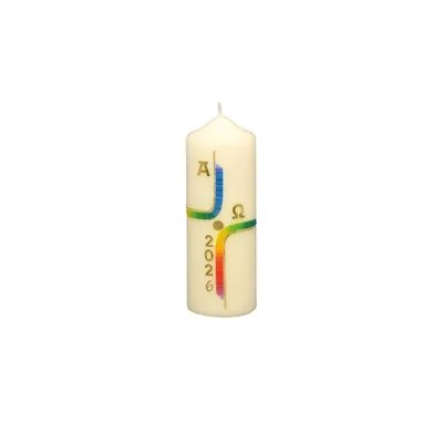 Produktbild von Osterkerze Kreuz Regenbogenfarben, A und O, Jahreszahl 140 x Ø 50 mm