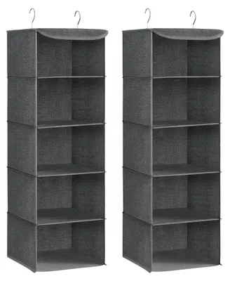 Produktbild von Hängeorganizer, 2er-Set, Kleiderschrank-Organizer, Hängeregal, Hängeaufbewahrung, faltbar und platzsparend, Metallhaken und Bambuseinsätze, leinenartige Textur, grau RCH005G02