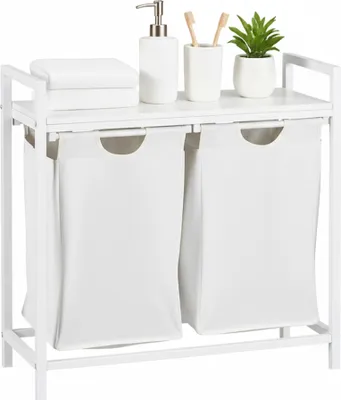 Produktbild von Relaxdays Wäschesammler mit 2 ausziehbaren Wäschekörben, mit Ablage, HBT: 72 x 73 x 33 cm, Wäschekorb Metall, weiß/grau