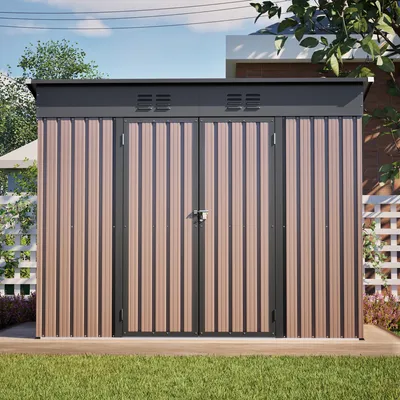 Immagine prodotto di Casina da giardino, dimensioni 242 x 126 x 182 cm, realizzata in metallo, con porta chiudibile a chiave, prese d'aria e una solida struttura di base, colore marrone