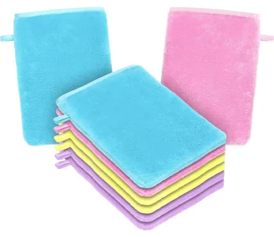 Productafbeelding van Wasmittens, set van 8, korrelzachte textuur, 20x15 cm, blauw/roze/geel/lila