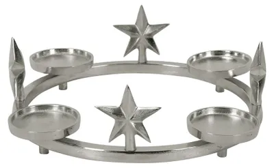 Produktbild von Kerzenhalter KRANZ silber D40cm Aluminium Metallkranz mit Sternen für 4 Kerzen