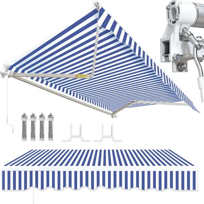 Produktbild von Faziango Markise 300 x 250 cm Beschattung Terrasse & Balkon - Gelenkarmmarkise mit Kurbel & Halterung Sonnenschutz Balkonmarkise Gelenkmarkise Blau Weiß