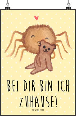 Produktbild von Mr. & Mrs. Panda Bild Spinne Agathe Teddy DIN A3 - Gelb Pastell - Geschenk, Verliebt, Kunstdruck, Miteinander, Plakat, Freundschaft, Dankeschön, Deko, wanddeko, Wandbild