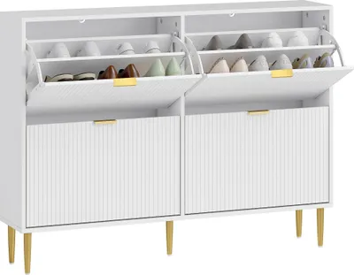 Image de Armoire à chaussures - Étagère à chaussures fine - Portes striées - Étagères réglables - Rangement d'entrée peu encombrant - Blanc