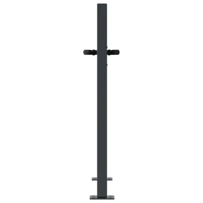 A dark gray steel gate post with mounting plates at the bottom and two horizontal bars attached to the side.