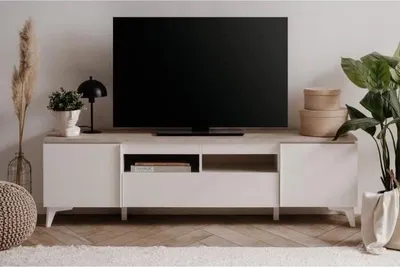 Image de Meuble TV Bertrix,Reproduction travertin/blanc, 177 x 51,5 x 40 cm, Panneaux de particules