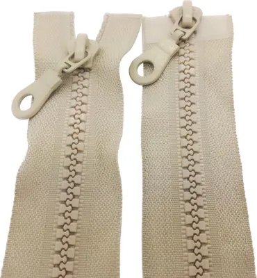 Two beige plastic zippers are shown against a white background.