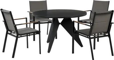 Produktbild von BELIANI Gartenmöbel Set 5-teilig Schwarz Aluminium Tisch ⌀ 110 cm Rund Keramikplatte mit 4 Stühlen Bespannung Grau Stoff Stapelbar Terrasse Outdoor
