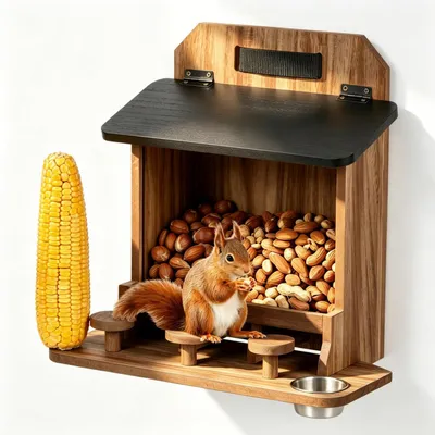 Produktbild von Eichhörnchen Futterhaus Holz wetterfest für Außenbereich mit Picknick-Tisch und Maiskolbenhalter
