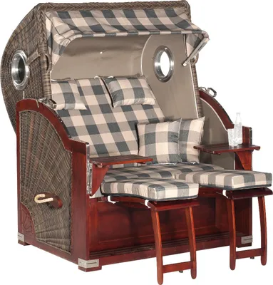 Produktbild von Rustikal Strandkorb 500 Plus Comfort 3/4-Liegemodell mit seitlichen Bullaugen, Rundgeflecht cappuccino, Mahagoniholz naturfarben lasiert, ca.140x95x160