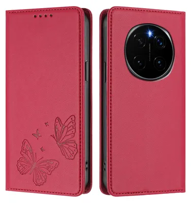 Image de Étui en cuir pour Honor Magic7, motif papillon, étui portefeuille à rabat avec support, rouge