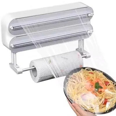 Zdjęcie produktu dla Potrójny uchwyt na rolki – dozownik folii aluminiowej – model naścienny – biały