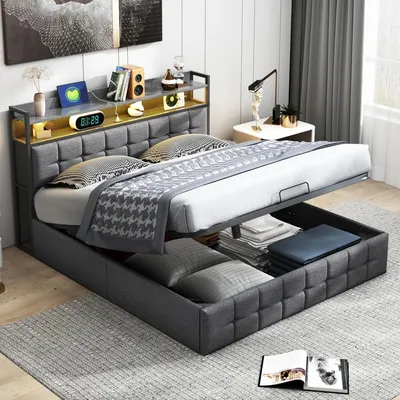 Produktbild von Polsterbett 140x190 cm - Doppelbett mit Bettkasten - LED Beleuchtung - USB Ladeanschluss - Lattenrost - Kunstleder - Belastbar bis 250 kg - Grau