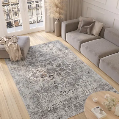 A living room scene with a rug, sofa, and ottoman.