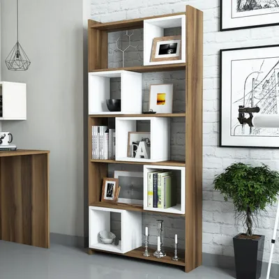 Produktbild von Skye Decor, Moderner Bücherregal (170 cm hoch, 80 cm breit) aus 100% melaminbeschichtetem Spanplatten, 18 mm dick | Wandmontierbar, viele Regale, Weiß und Walnuss | Stilvolles Design.