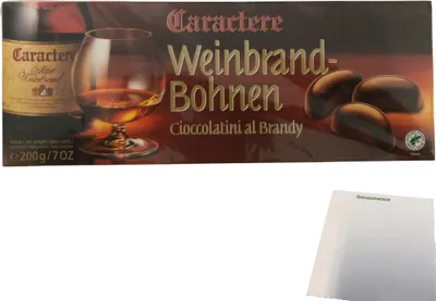 Produktbild von Caractere Weinbrandbohnen Zartbitterschokolade gefüllt mit Weinbrandt (200g Packung) + usy Block