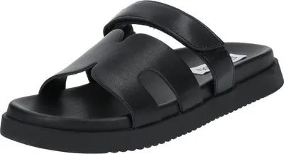 A black Steve Madden sandal is shown from a slight angle against a white background.
