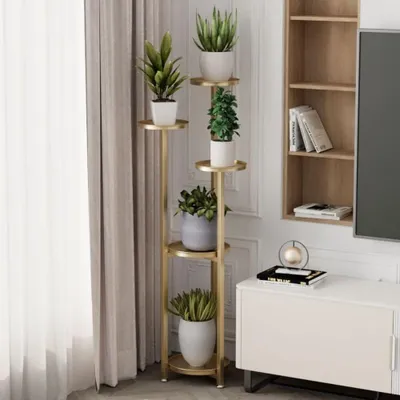 Zdjęcie produktu dla Narożny Regał Na Rośliny Wielopoziomowy Wytrzymały Metalowy Stojak Na Doniczki Na Taras Do Ogrodu Na Balkon Złoty 120 Cm