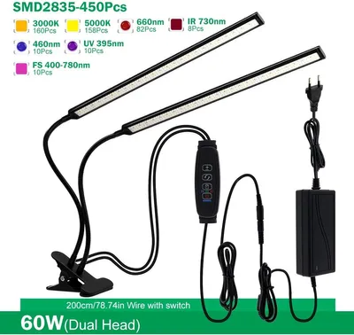 Immagine prodotto di Lampada LED per piante - Lampada a morsetto - Spettro completo 60 W - SMD2835 - 3000 K + 5000 K - IR 730 nm e UV 395 nm - CA 100–240 V