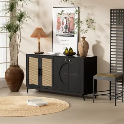 Produktbild von MODFU Kommode Sideboard mit 2 Rattan türen und 2 Glastüren, Schrank Buffet für Wohnzimmer, Schlafzimmer, Kinderzimmer, Jugendzimmer und Büro,Schwarz