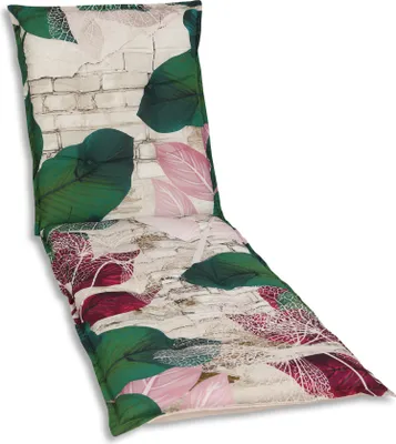 A lounge chair cushion with a leaf and brick pattern.