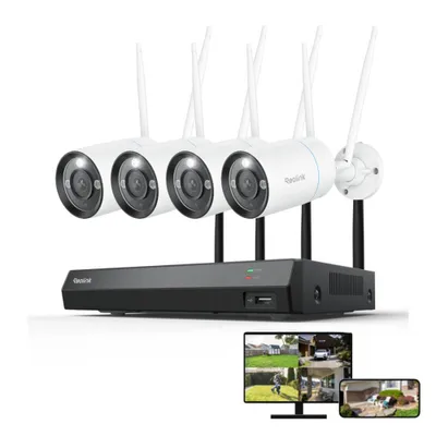 A security camera system with a NVR and multiple cameras, displayed with a monitor and smartphone showing the camera feeds.