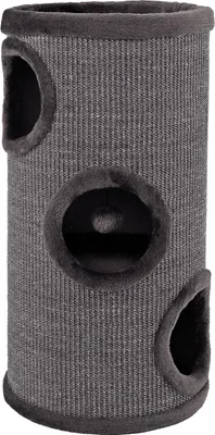 A cylindrical cat scratching tower with multiple openings and soft trim.