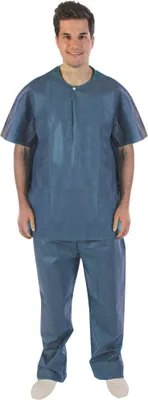 A man wearing a blue medical scrub suit.