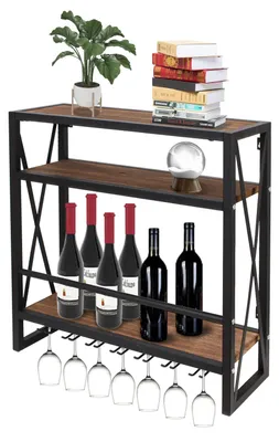Weinregal Wandmontage, 3-lagig, Holz, 7 Glashalter, 50 cm